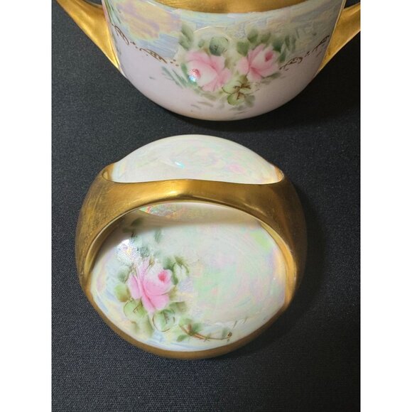 Antique Hand-Painted Porcelain Sugar Bowl With Lid - Floral Design & Gold Accent - Picture 5 of 9
